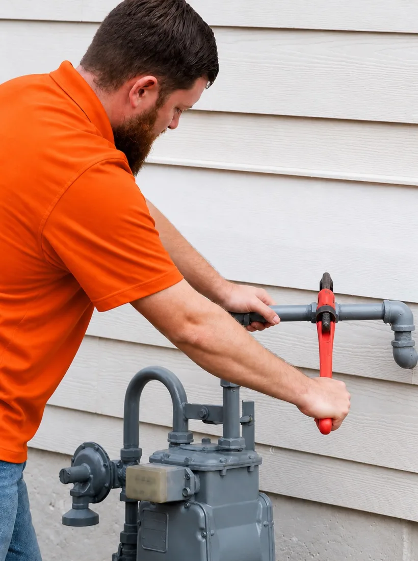 Plumber fitting gas pipe at an exterior meter