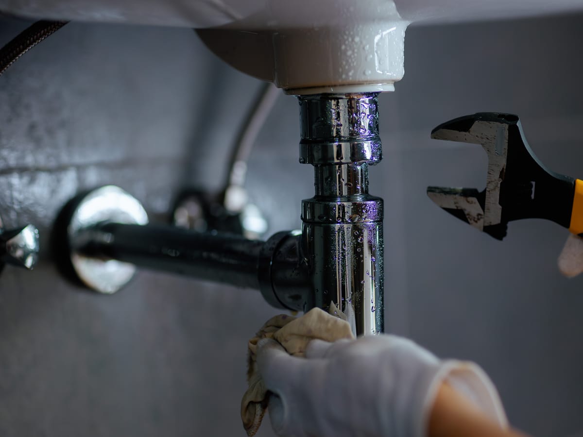 Plumber tightening the trap under a bathroom sink