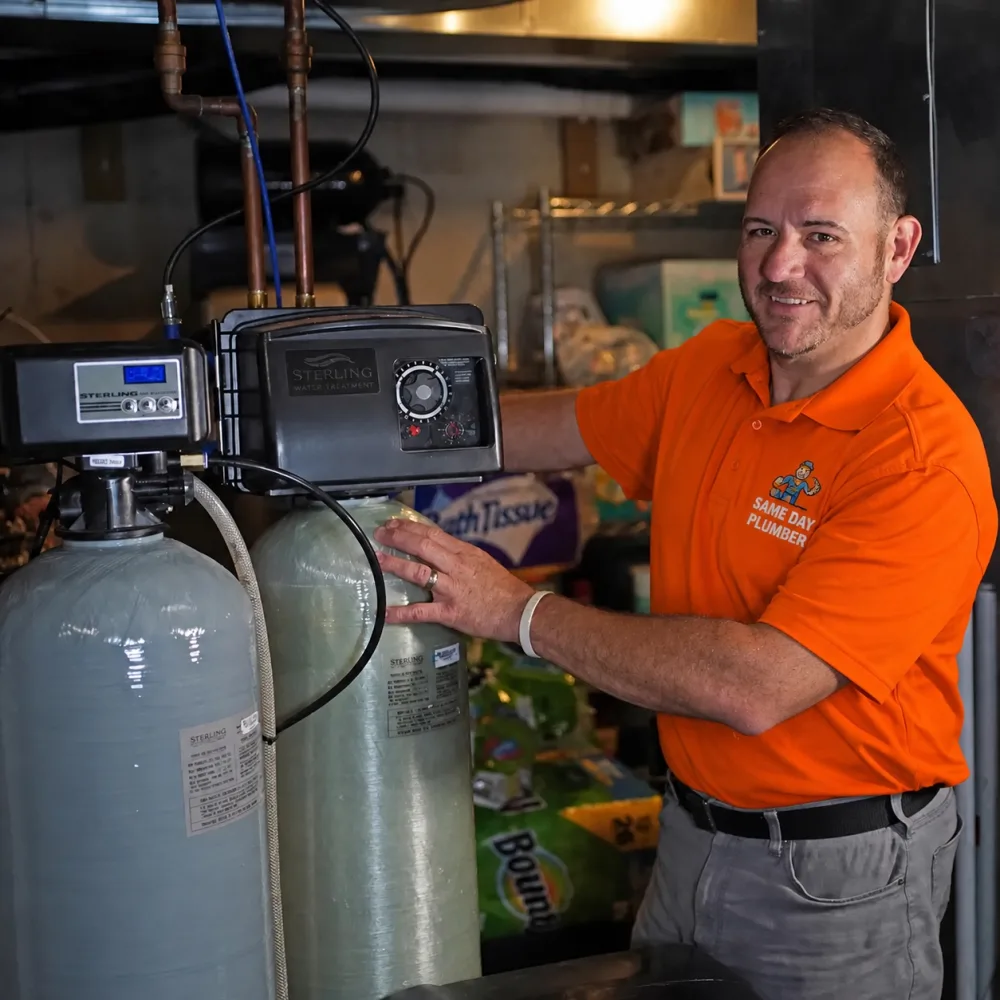 Water softener and treatment tanks installed in a basement
